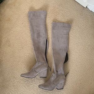 Grey, thigh-high suede boots